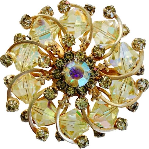 Vintage Mid Century Aurora Borealis Rhinestone Gold Tone Layered Brooch 50s 60s - Picture 1 of 8